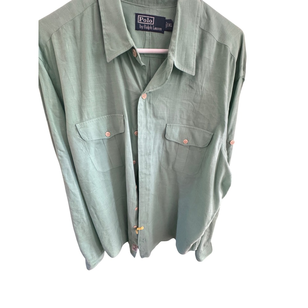 Polo Ralph Lauren Mens XL Seafoam Green Linen Blend Roll Tab Button Down Shirt